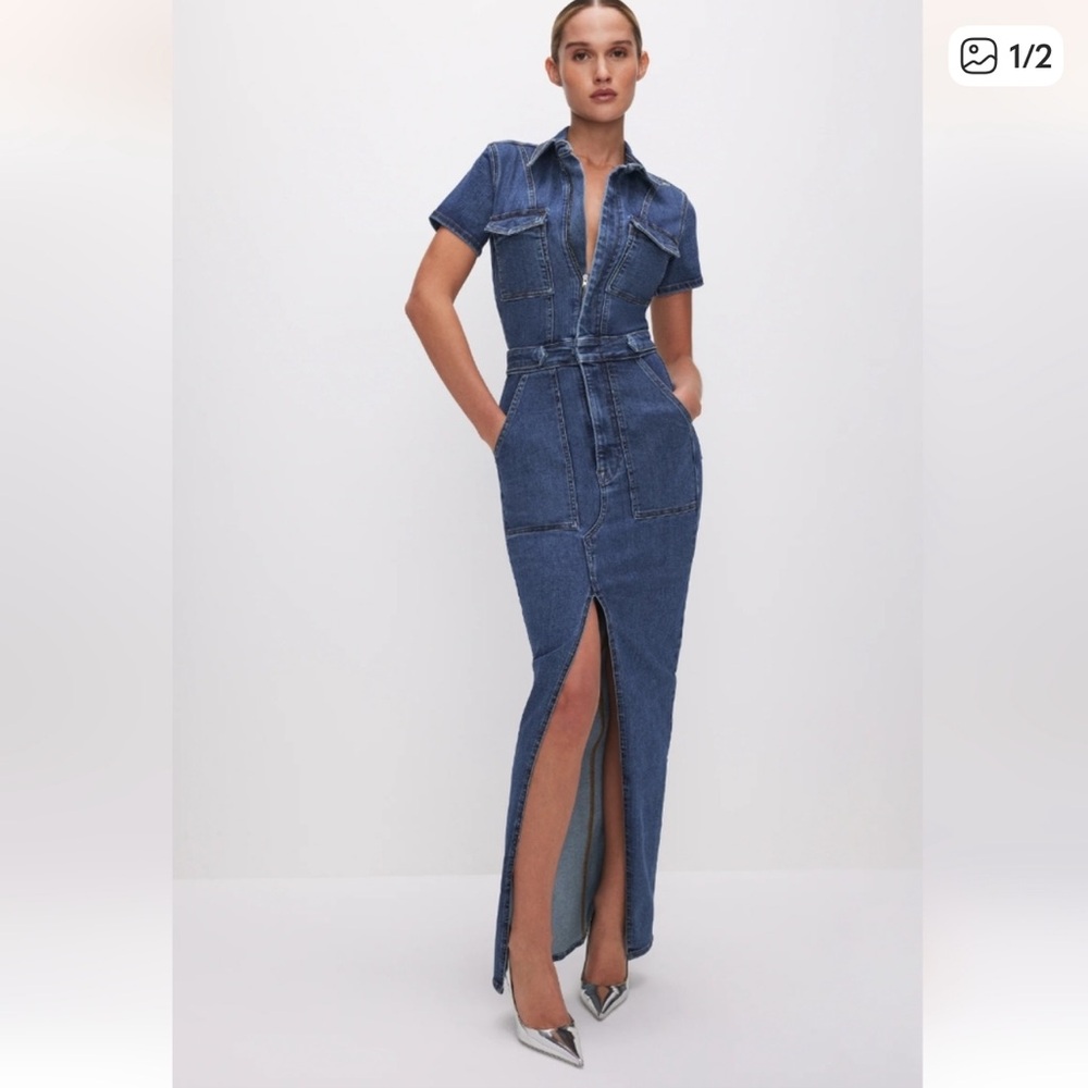 Good American Blue Denim Maxi Dress with Front Slit